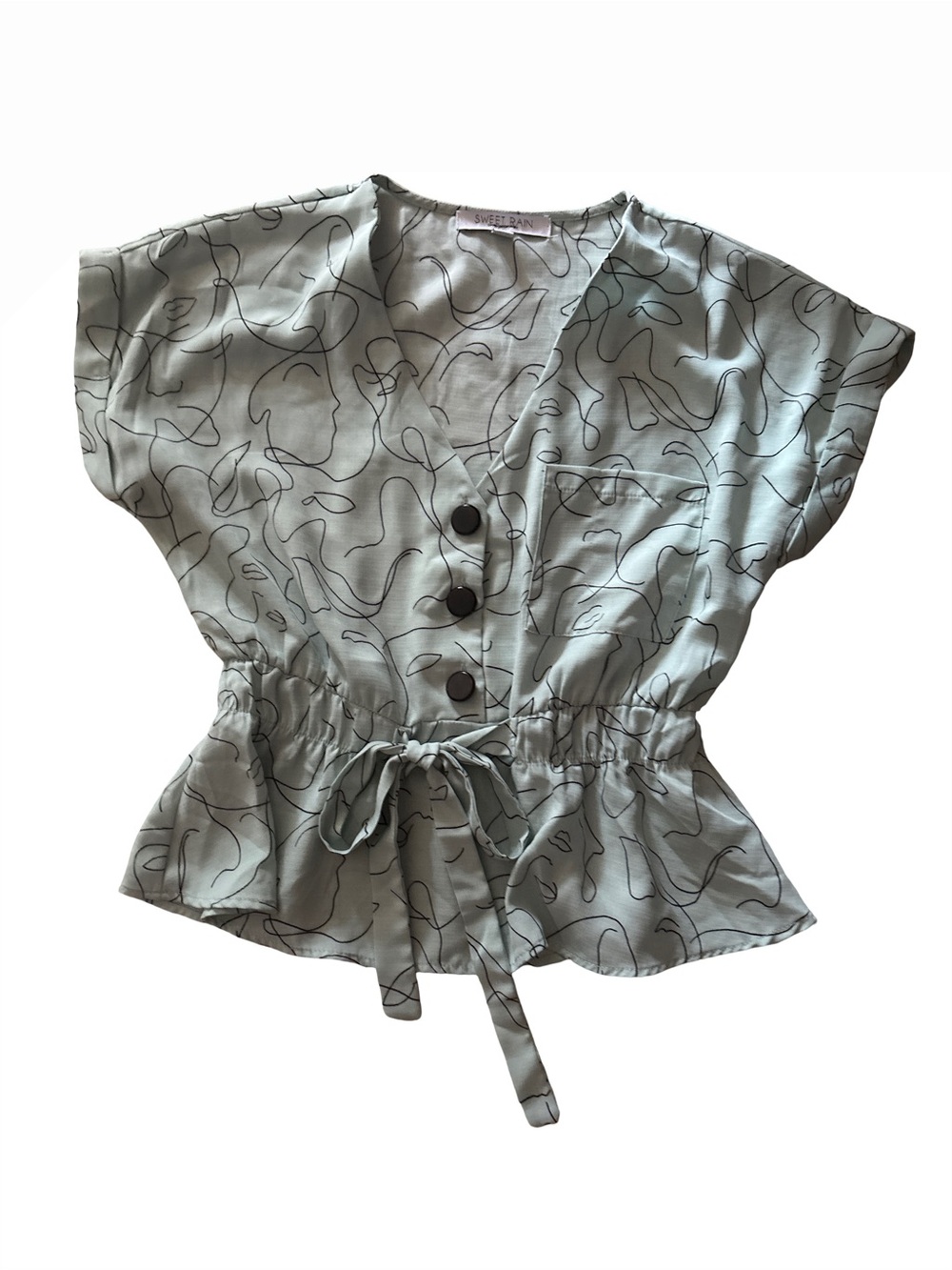 Sweet Rain Sage Abstract Line Drawn Tie-Waist Blouse